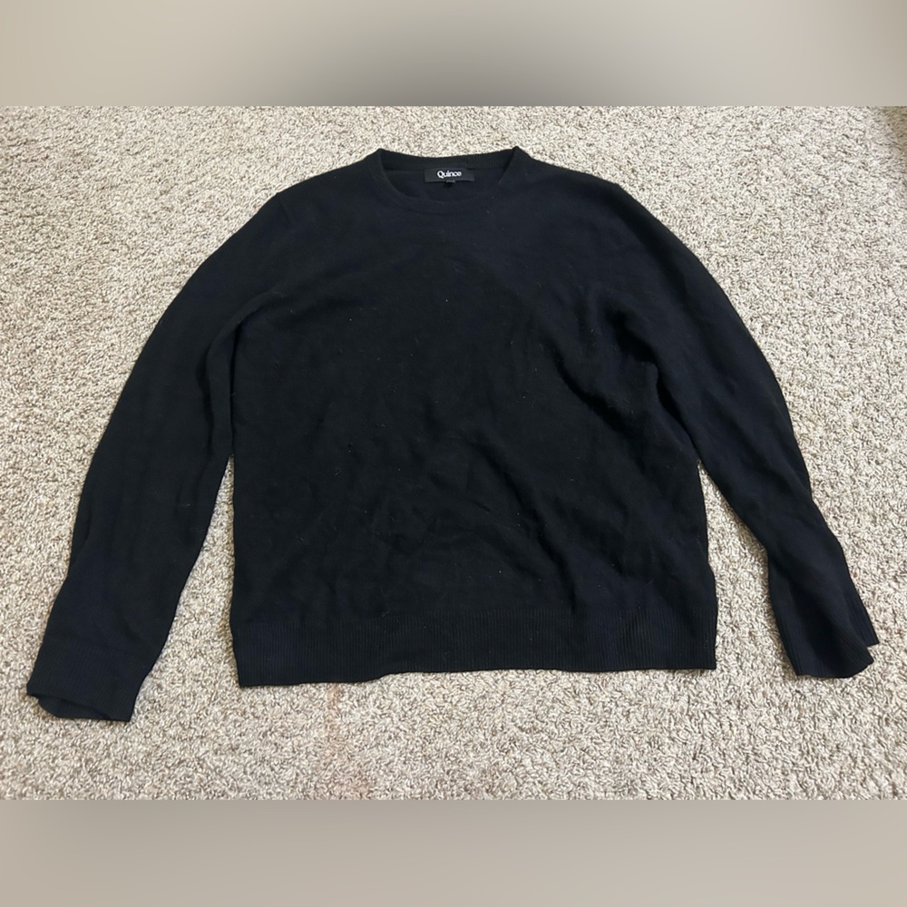 Quince Cashmere Crewneck Sweater Black Women's Size Large Minimalist Ribbed Trim